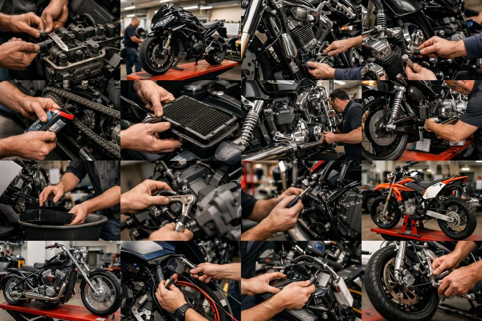Collage photos entretien moto toutes marques Neuchâtel: mécaniciens experts réparent diverses motos dans un garage moderne.