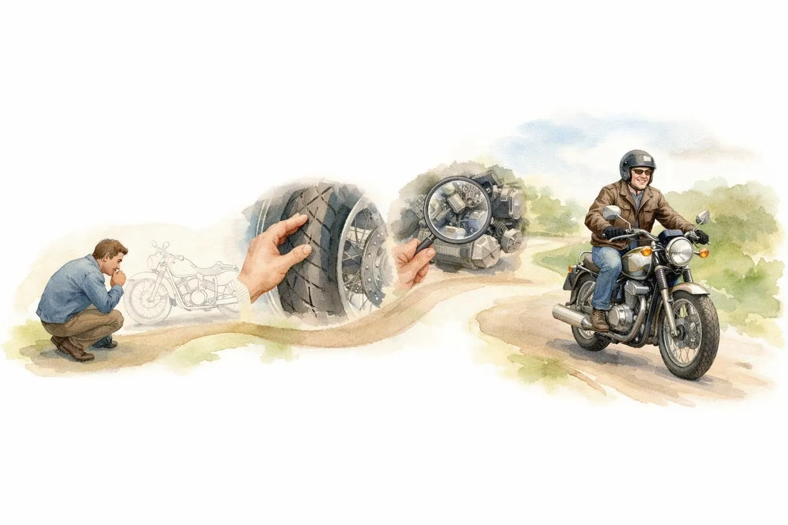 Guide achat moto occasion 2024: illustration aquarelle d'un parcours d'inspection et acquisition réussie.