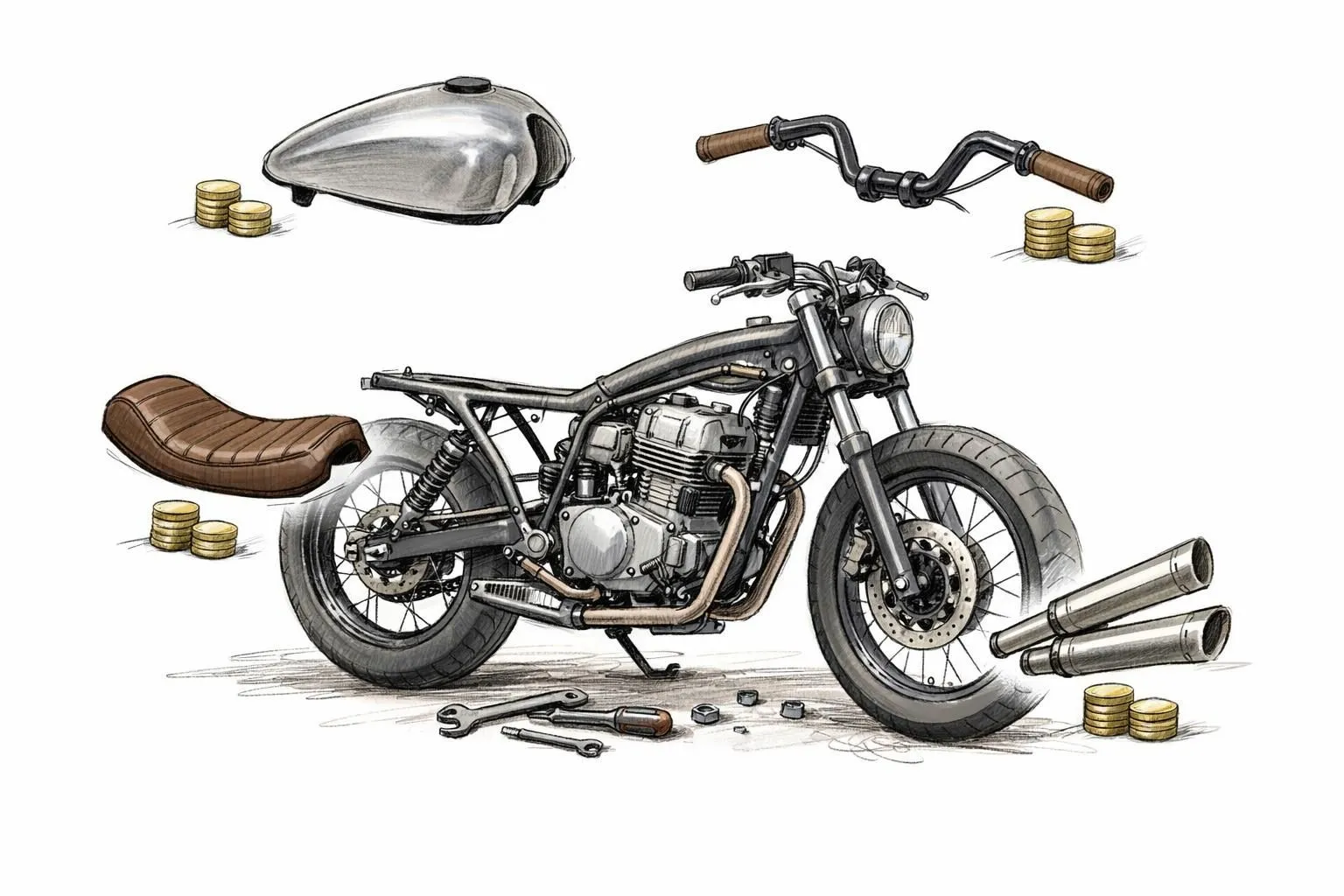 Quel budget pour customiser une moto en Suisse romande? Illustration amicale d'une moto personnalisée et des coûts associés.