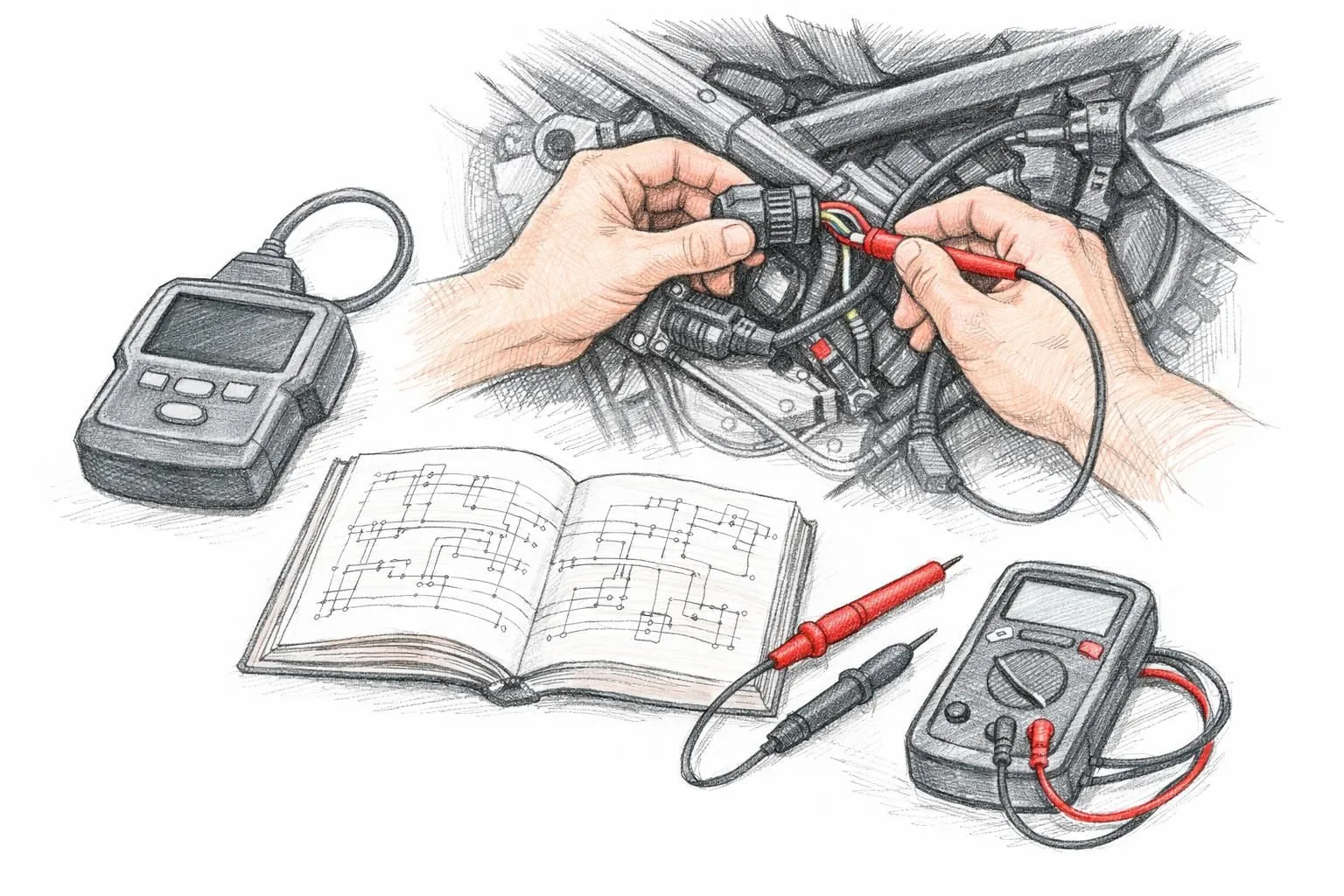 Mains esquissées utilisant un scanner et un multimètre pour un diagnostic panne moto électronique sur un câblage de moto.