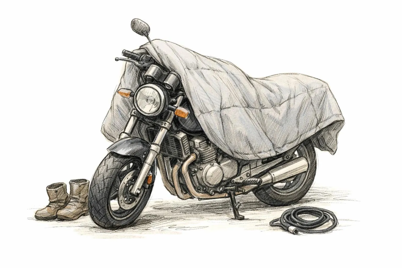 Dessin d'une moto sous une couverture de protection pour l'hivernage, illustrant le sujet combien coûte un hivernage moto.
