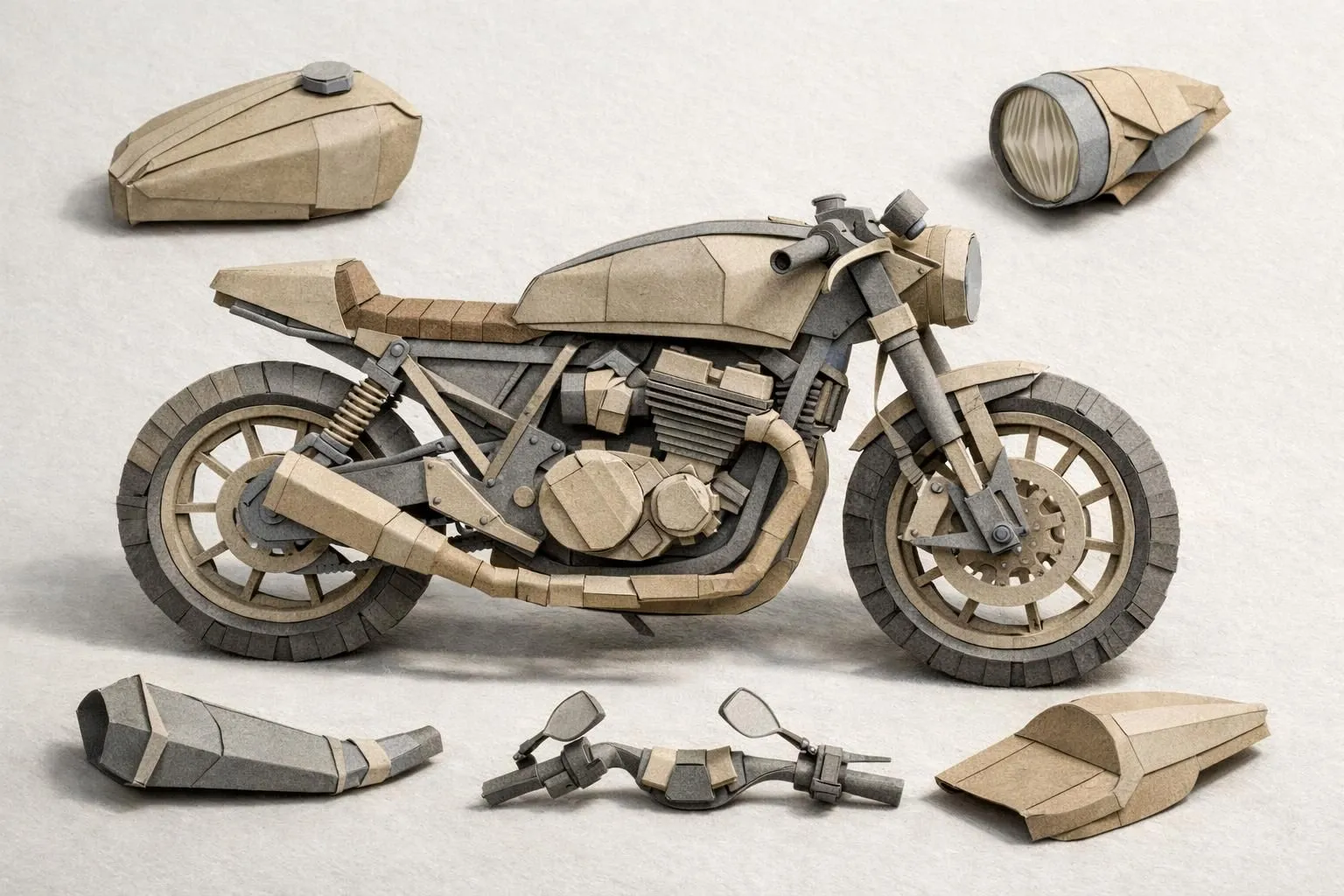 Top 5 accessoires moto custom: une moto personnalisée et ses pièces en papier plié, style origami créatif.