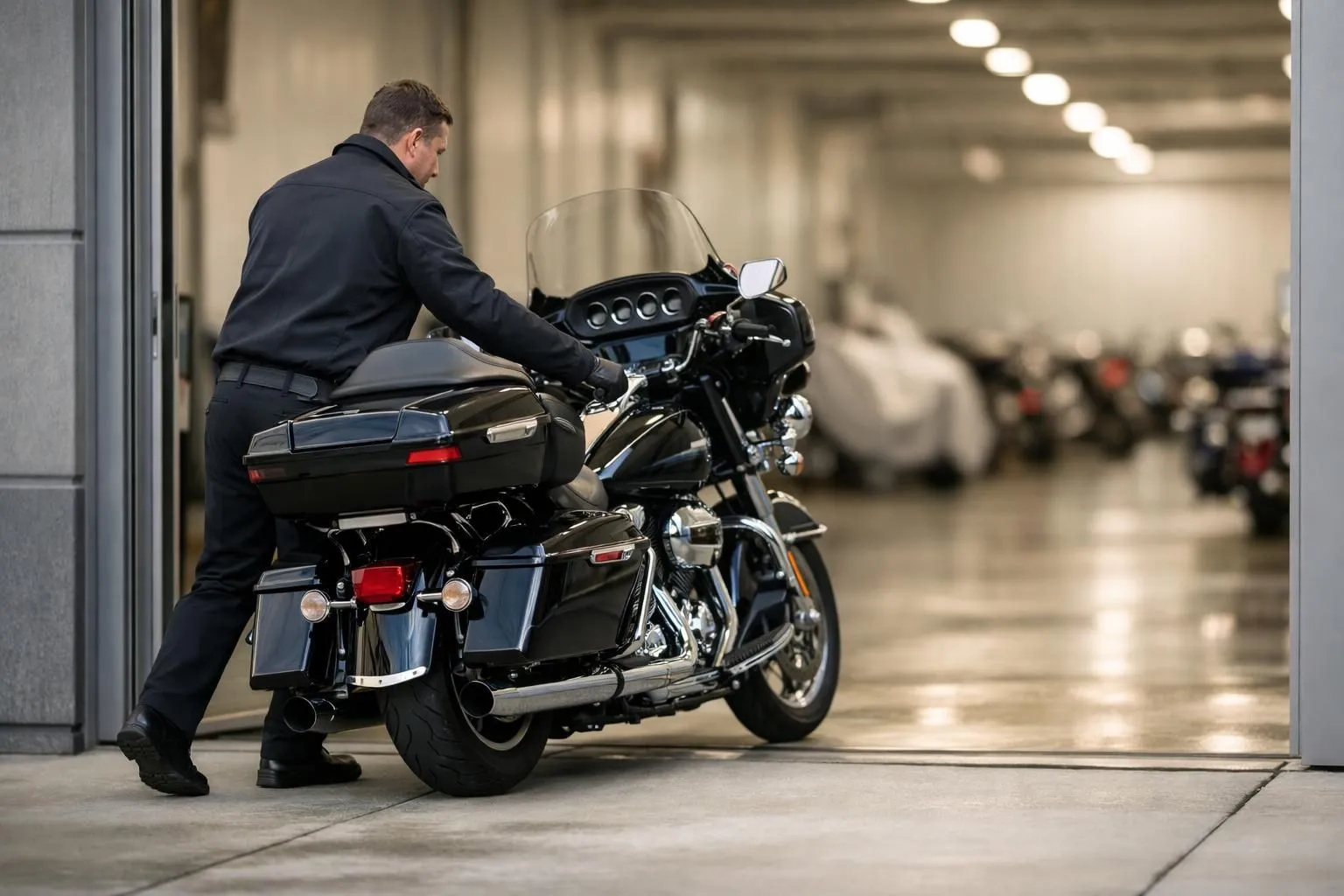 Hivernage moto 5 étoiles en Suisse : un technicien prépare une moto de luxe pour un stockage sécurisé et climatisé.