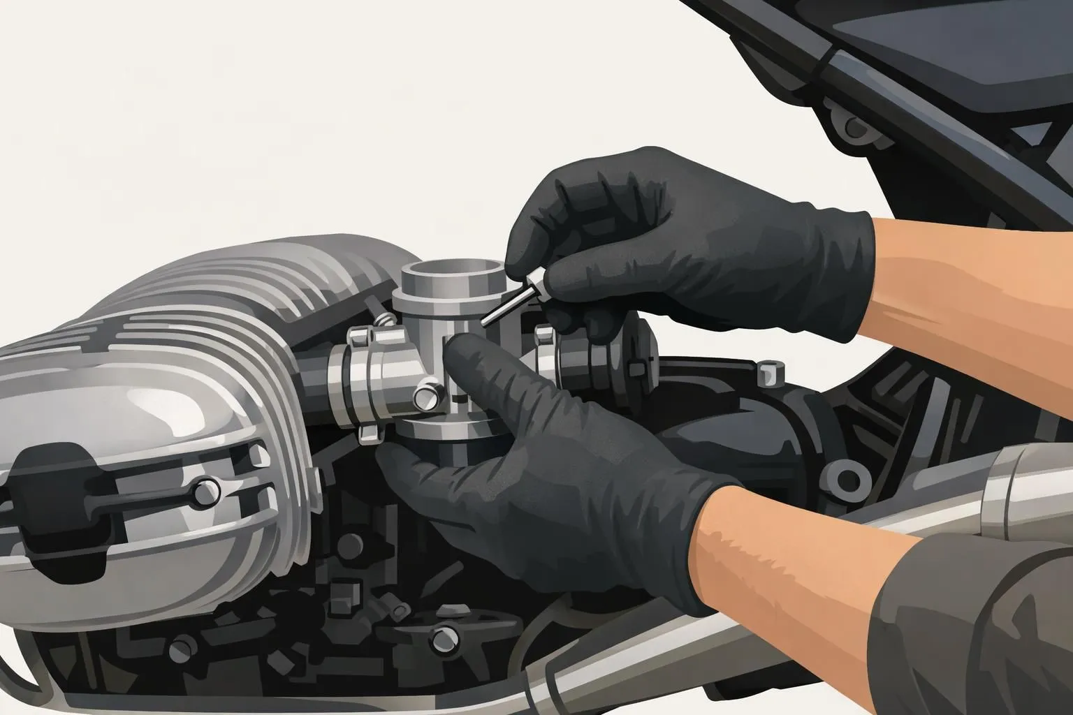 Mains d'expert sur un moteur de moto allemande, symbolisant la précision suisse en réparation moto allemande suisse.