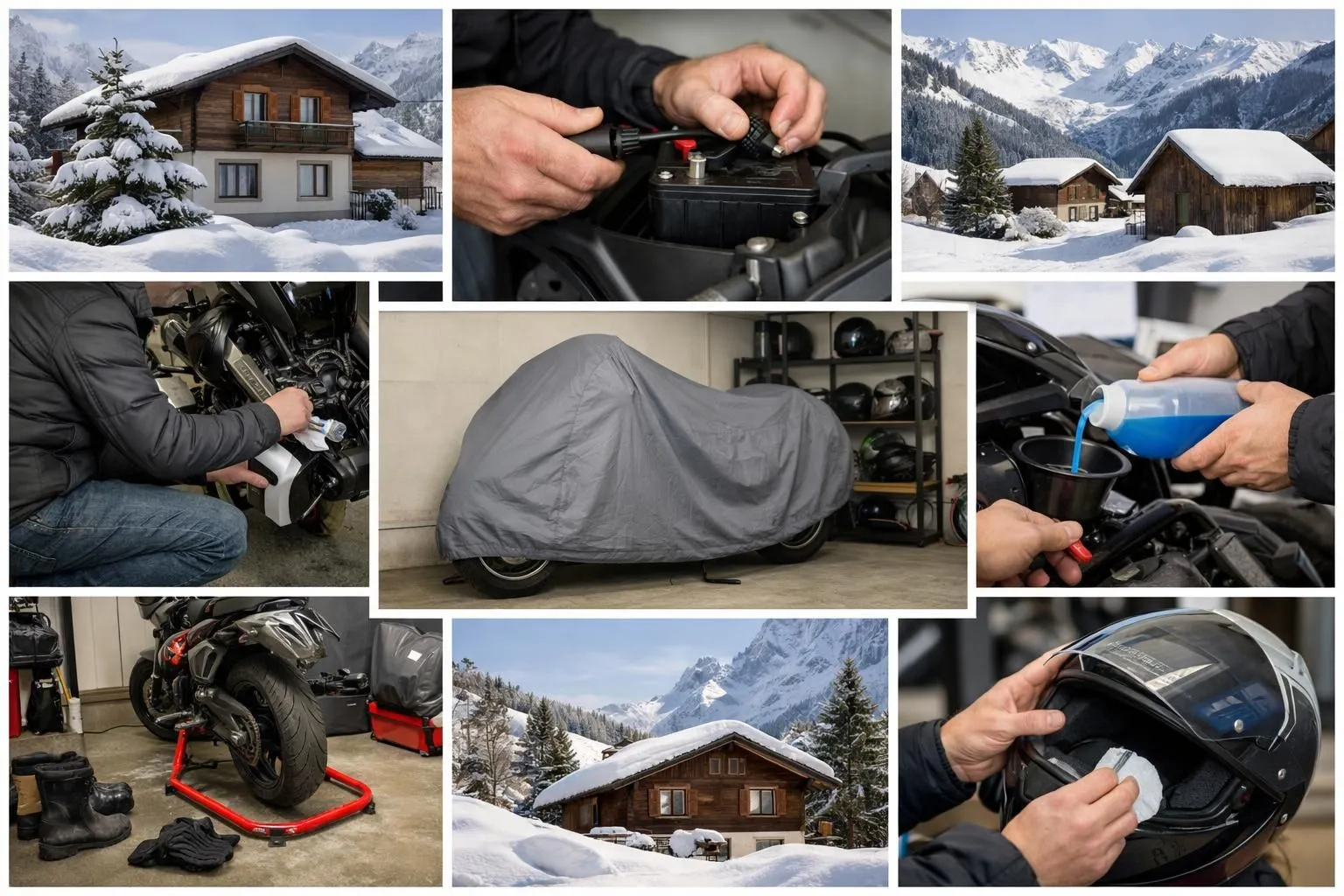 Collage hivernage moto à domicile suisse: motos protégées en garage, entretien hivernal et paysages enneigés.