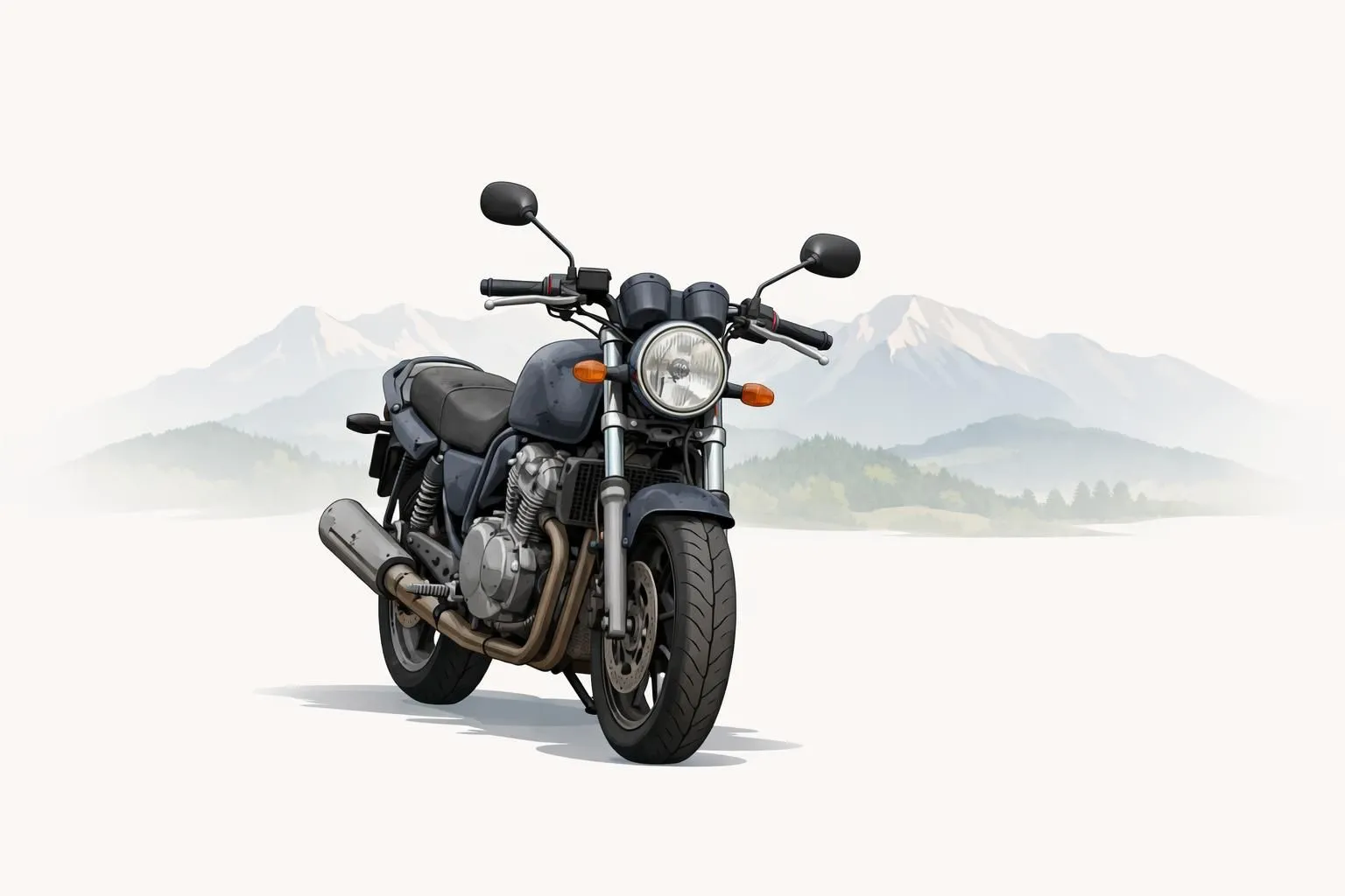 Moto occasion Suisse romande: illustration minimaliste d'une moto impeccable devant les Alpes, pour un achat sûr.