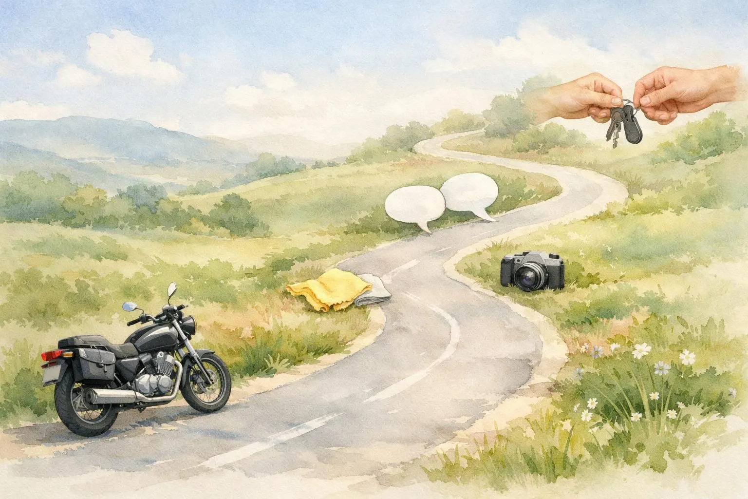 Illustration aquarelle : chemin des étapes pour vendre sa moto rapidement (préparation, annonce, vente).