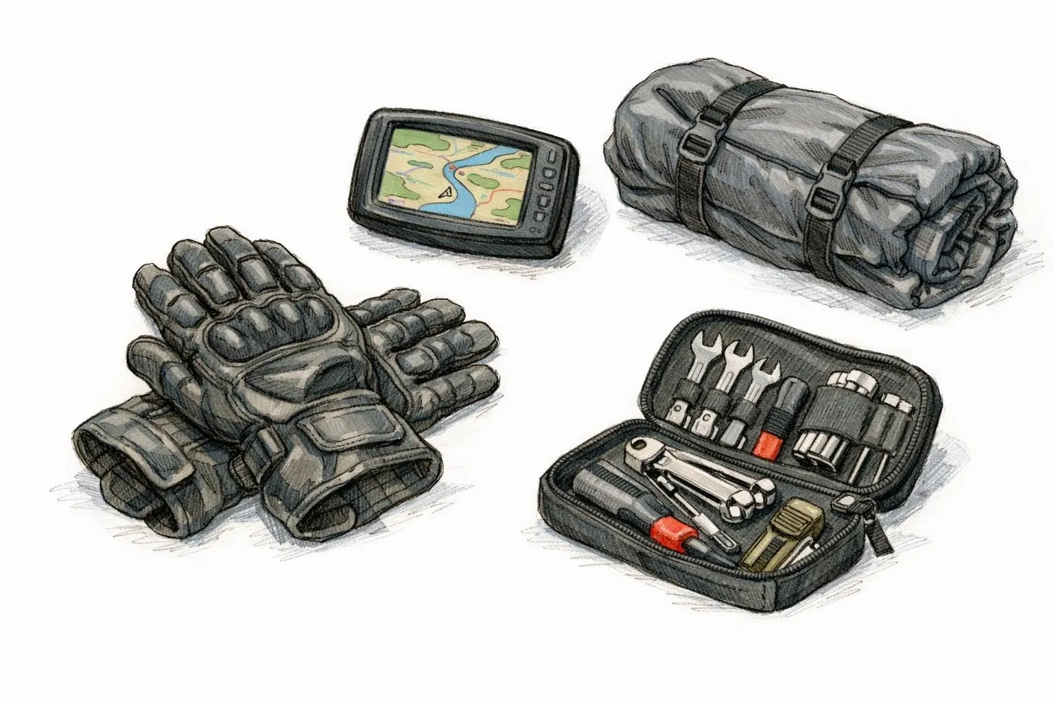 Accessoires moto indispensables pour voyage dessinés : gants, GPS, tenue pluie, trousse à outils. Prêt pour l'aventure.