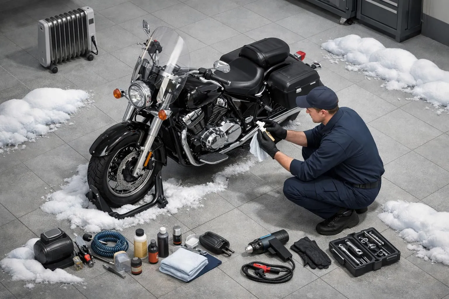 Entretien moto hivernage professionnel: mécanicien protégeant une moto en hiver dans un garage moderne.