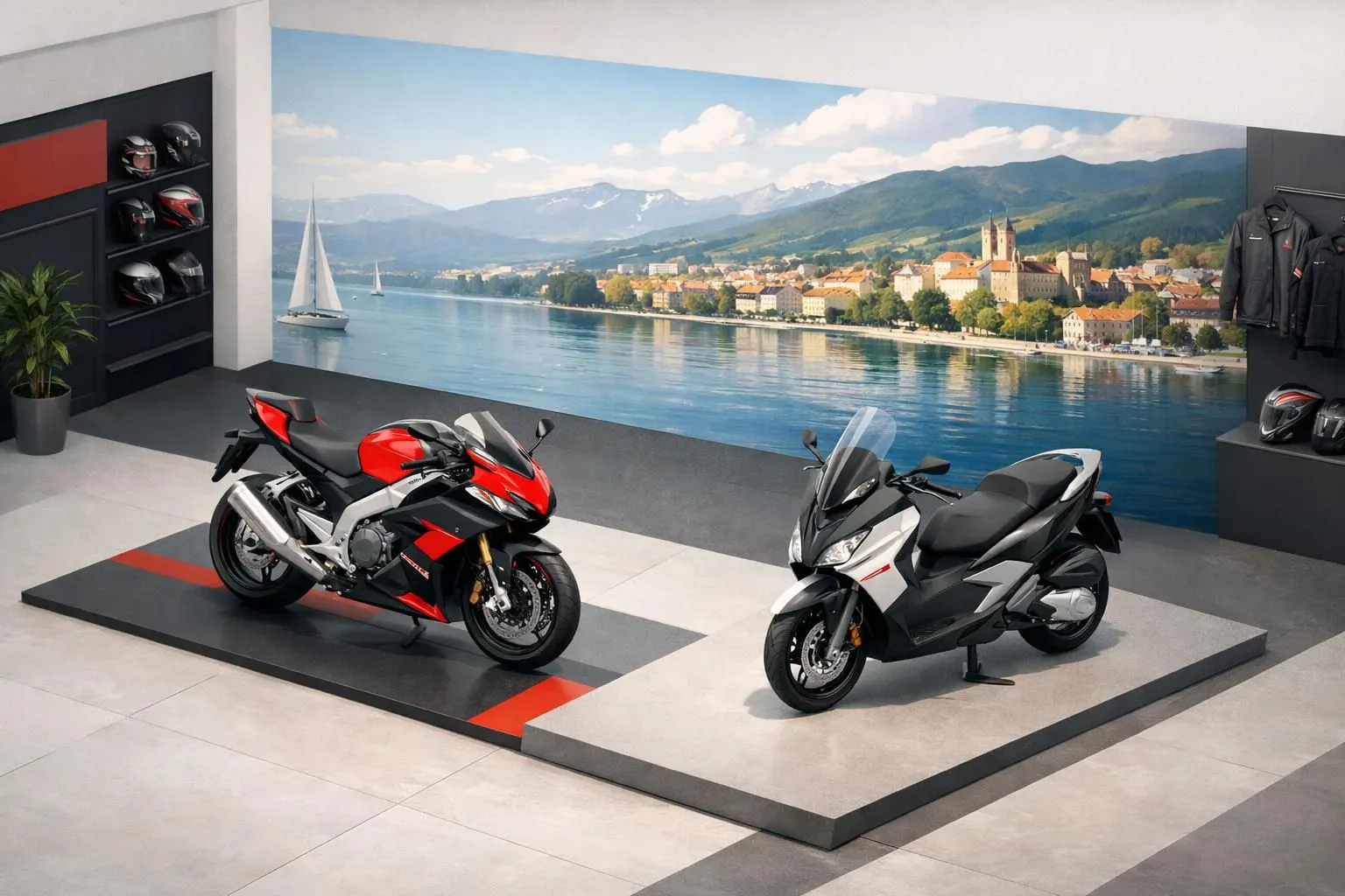 Vue isométrique moderne d'un concessionnaire Aprilia à Neuchâtel, présentant motos et scooters. Ambiance dynamique.