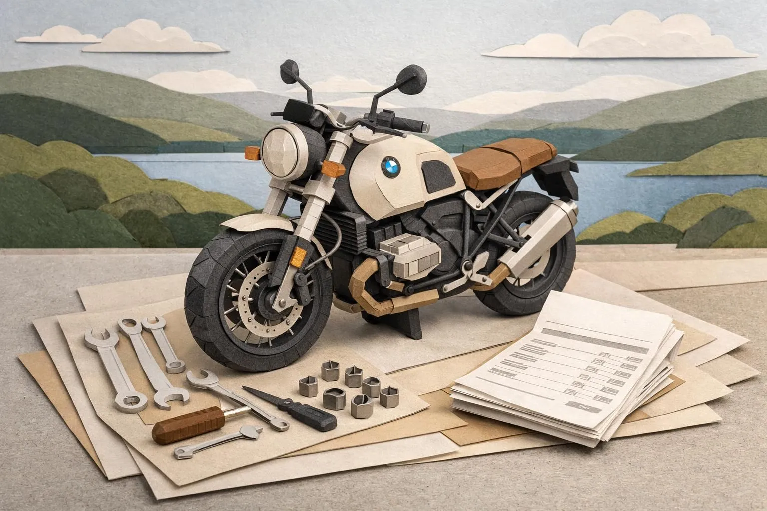 Coût révision moto BMW Neuchâtel: illustration paper craft d'une moto, outils et facture transparente. Tarifs 2026.