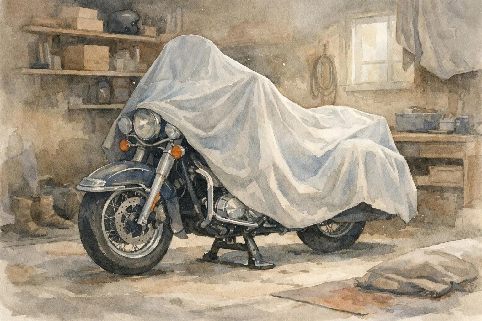 Illustration aquarelle: moto protégée sous bâche en garage, offrant des solutions de stockage moto hiver.