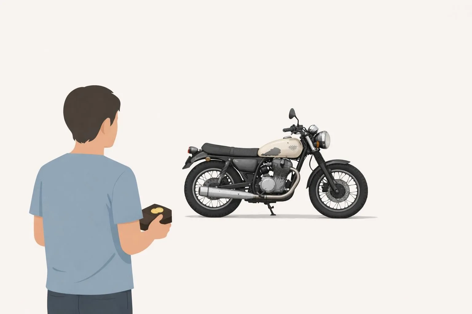 Financement achat moto d'occasion suisse: illustration minimaliste d'une personne examinant une moto et des options financièr
