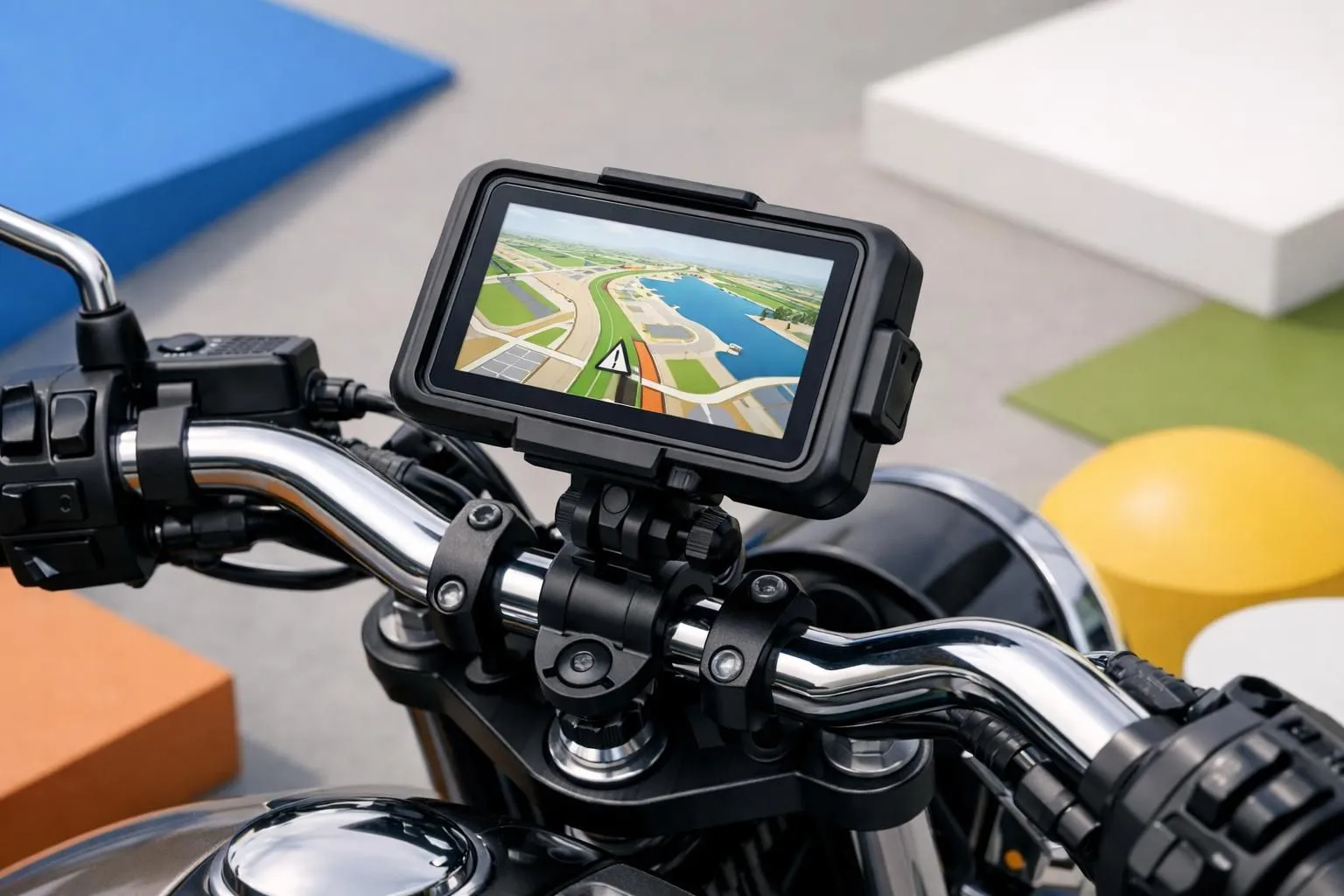 Support GPS moto guidon isométrique : un GPS moderne et stylisé solidement fixé. Idéal pour bien choisir votre équipement mot