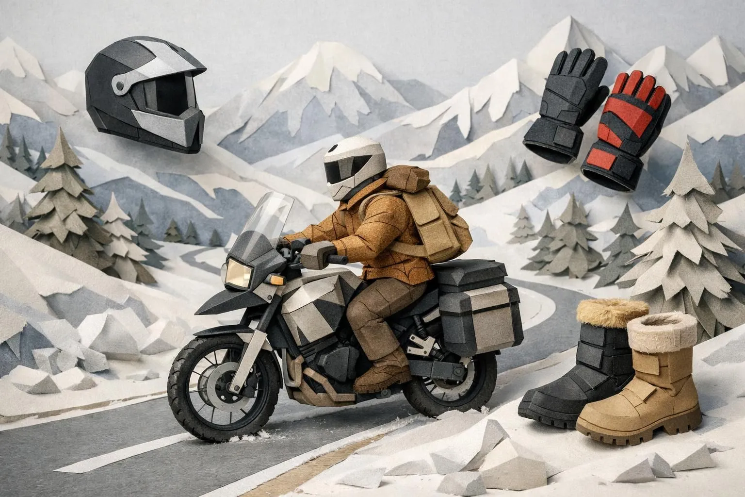 Illustration papier craft des meilleurs équipements moto pour le froid, avec casque, gants et bottes d'hiver.