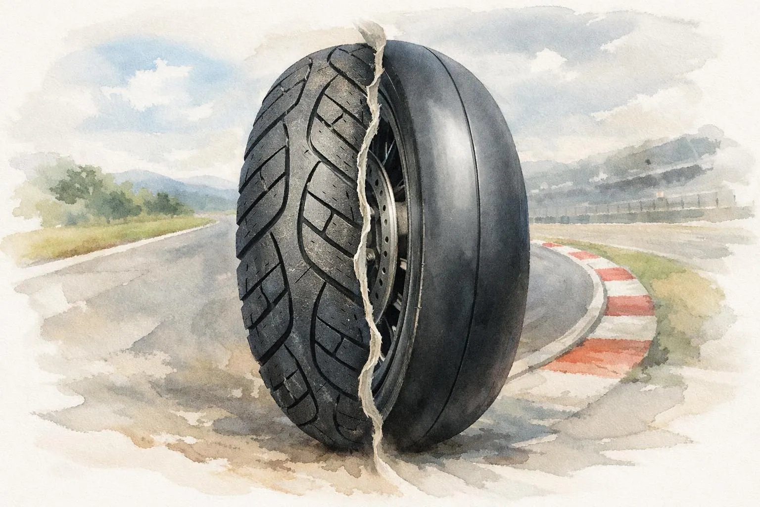 Pneu moto aquarelle, moitié route, moitié piste, illustrant le choix pneus moto route ou piste essentiel.