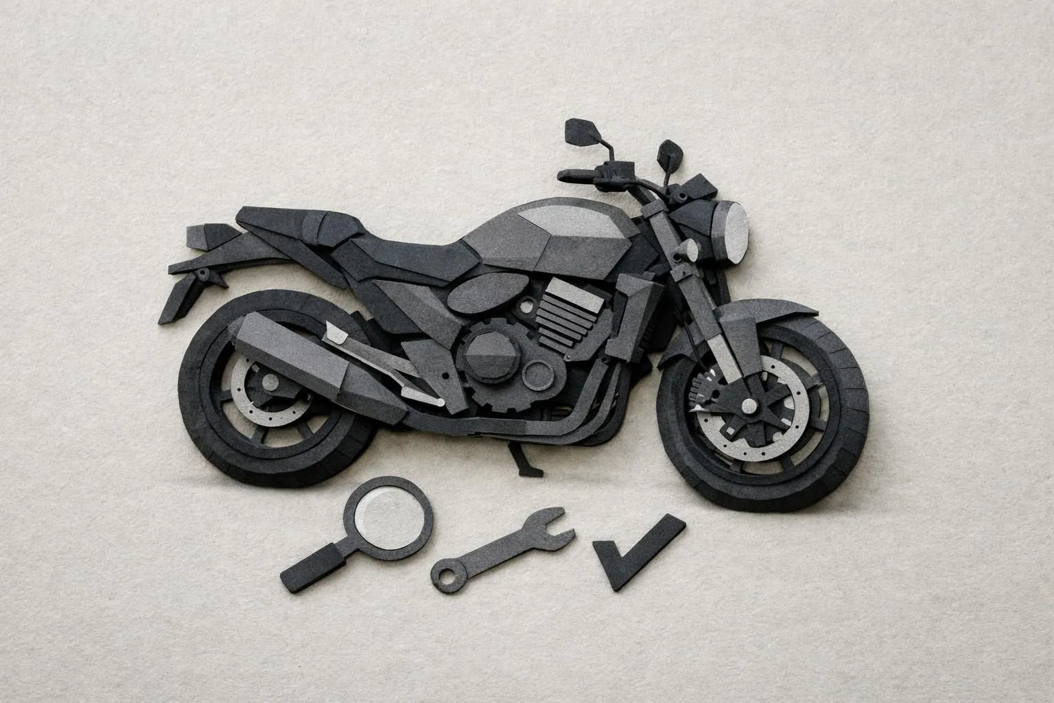 Checklist achat moto occasion: points essentiels. Moto en papier craft symbolisant l'inspection pré-achat.