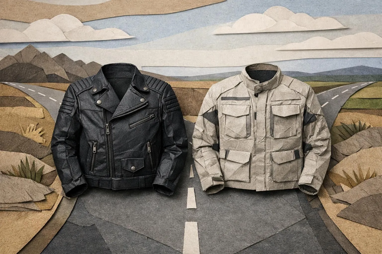 Illustration paper craft: deux blousons moto Dainese (cuir et textile) sur un chemin, symbolisant le choix du motard.