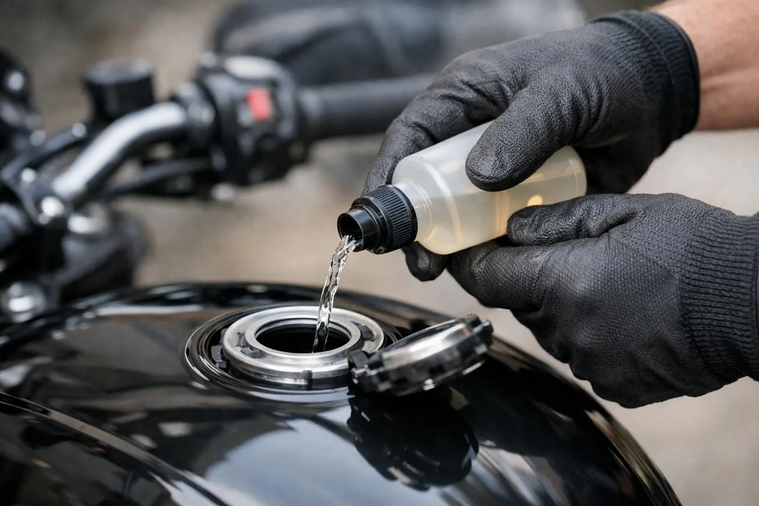 Check-list hivernage moto: une main ajoute du stabilisateur au réservoir pour protéger le deux-roues cet hiver.