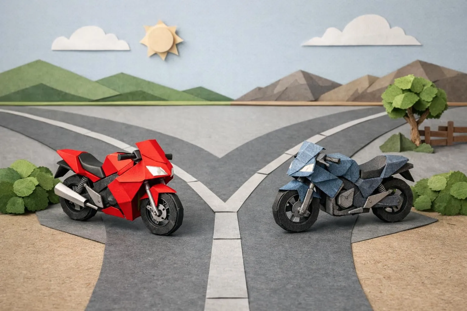 Achat moto neuve ou occasion. Illustration paper craft de deux motos (neuve et occasion) sur un chemin divergent, symbolisant