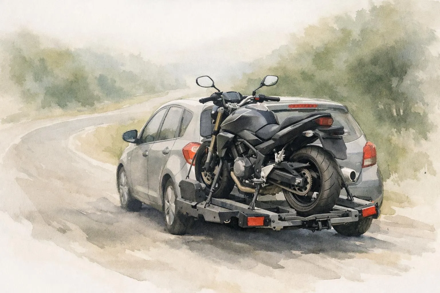 Moto sur porte-moto compact à l'arrière d'une voiture, illustrant des solutions transport moto sur courte distance.