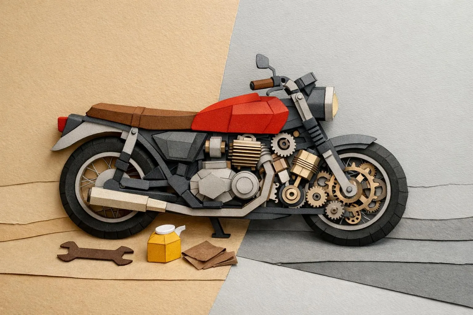 Différence entre entretien et révision moto, illustrée par une moto en papier craft avec outils et moteur détaillé.