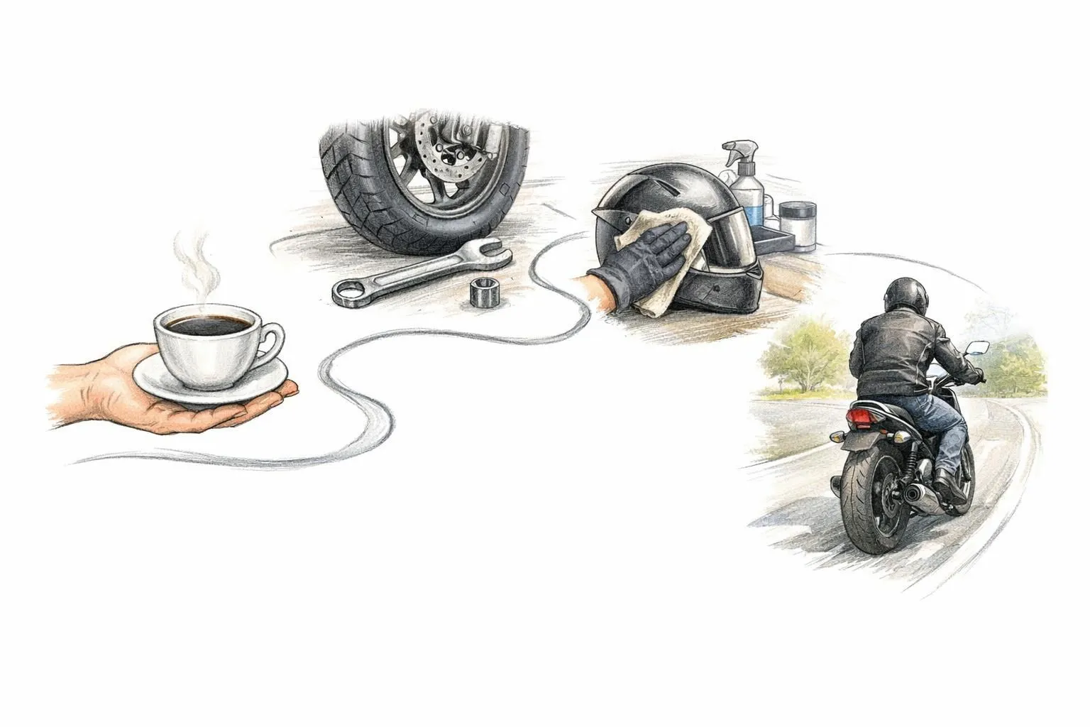 Croquis main d'un parcours visuel de 9 services complémentaires pour garage moto, du café au diagnostic.