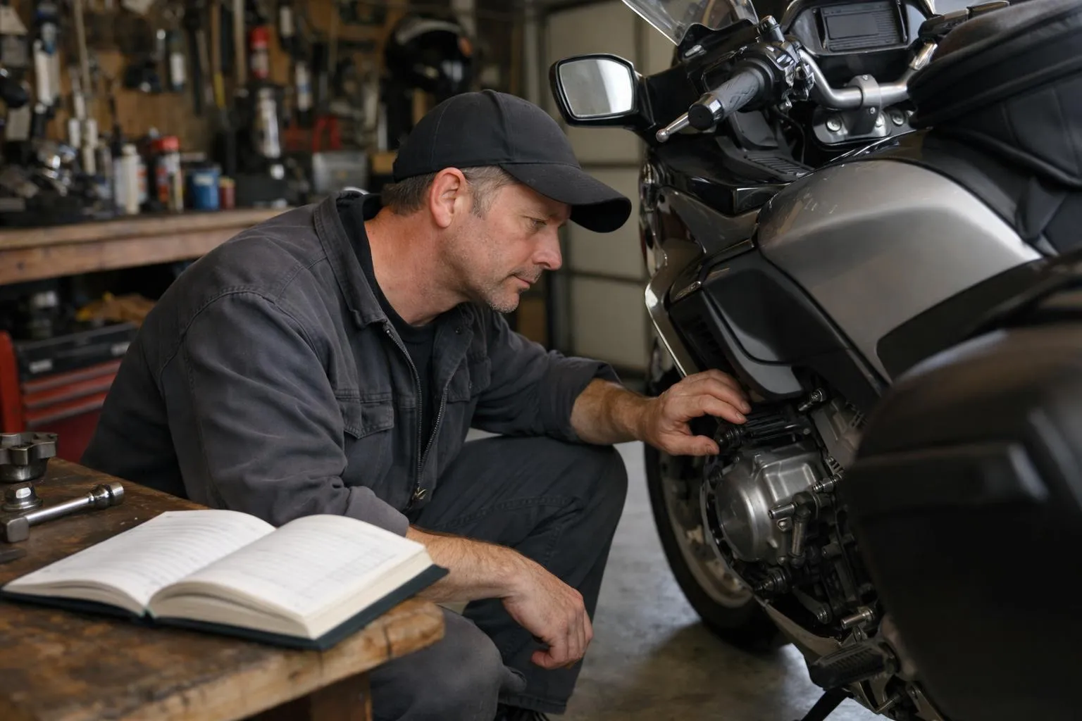 Motard inspectant son moteur et carnet d'entretien dans un garage, soulignant la fréquence de vidange moto.