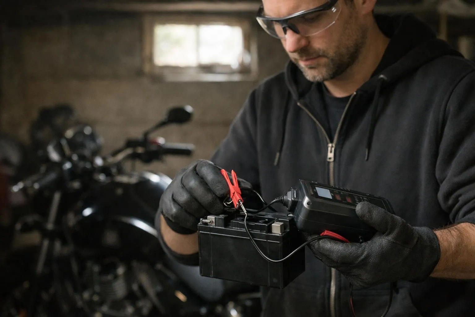 "Chargement batterie moto en hiver, préparation de la moto pour l'hiver avec un chargeur de batterie"