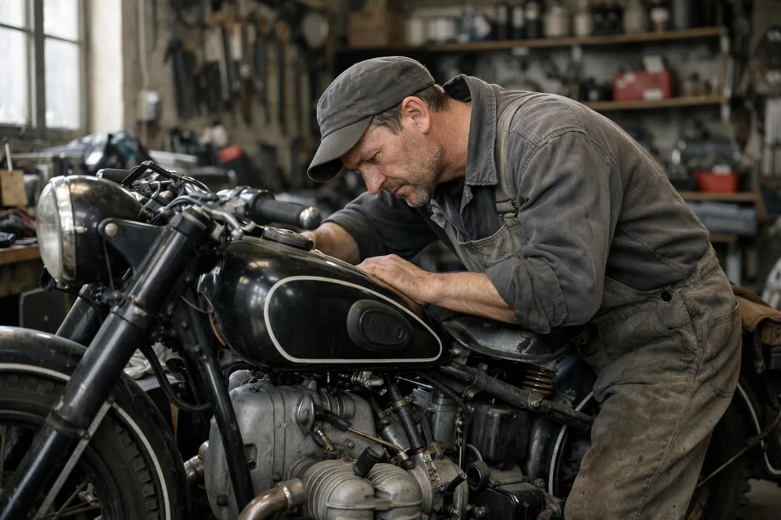 Expertise moto allemande suisse, un mécanicien examine une moto vintage allemande dans un garage suisse.
