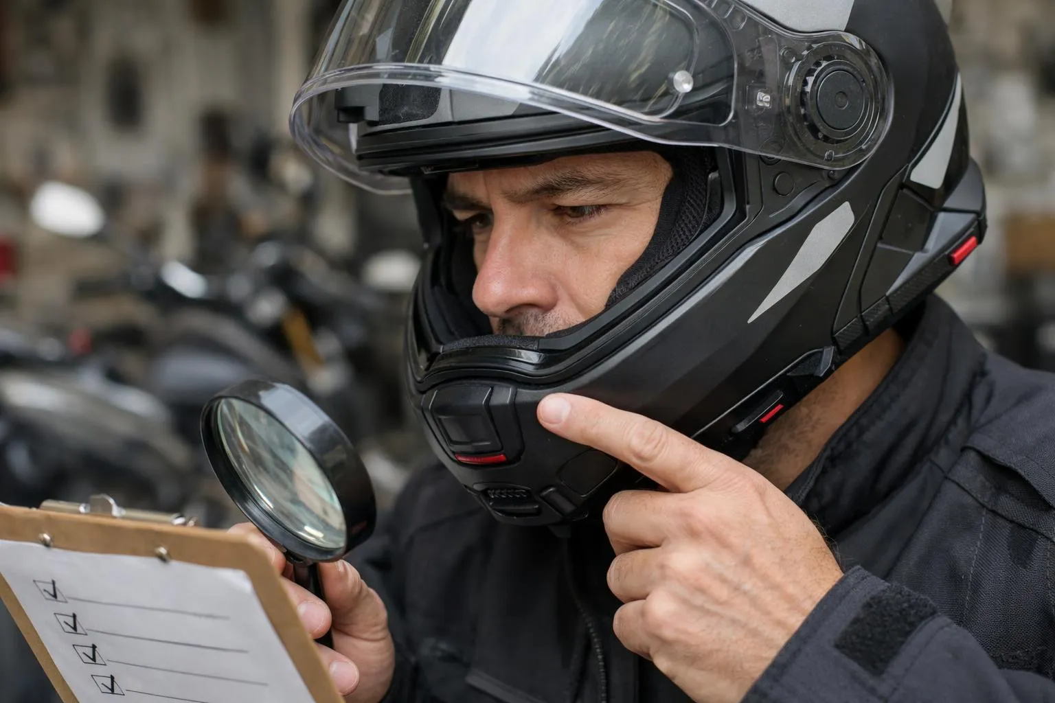 Casque moto modulable Nolan N100-5 en test, un motard vérifie les détails avec une loupe et une liste de contrôle.