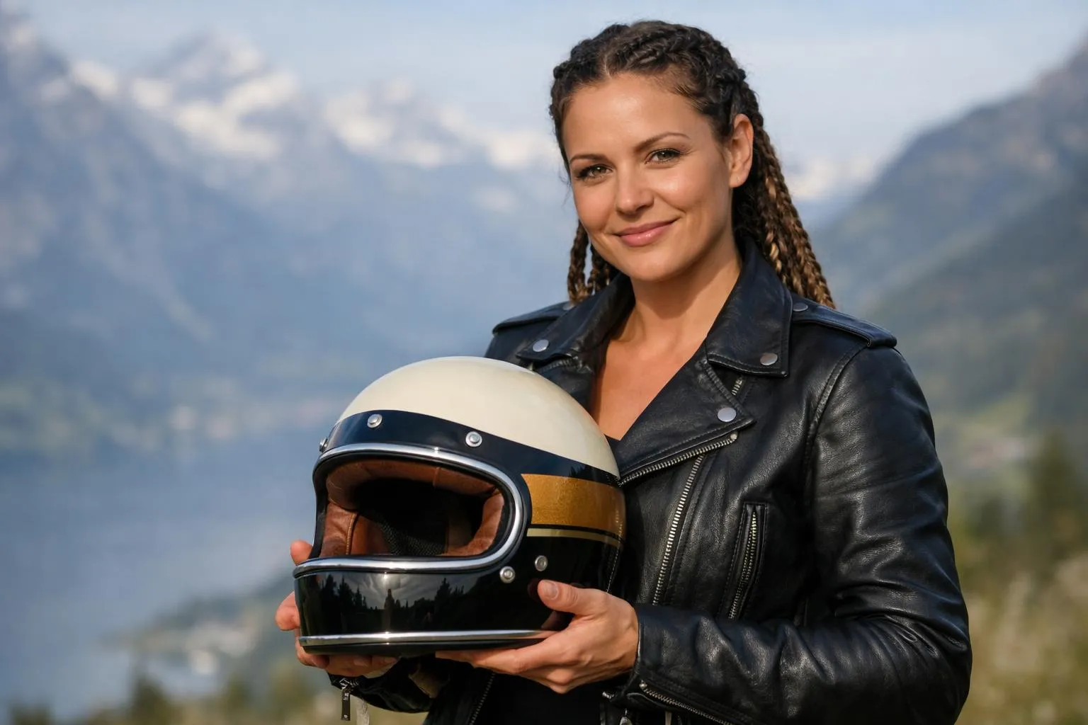 Casque moto vintage Bell en Suisse, femme aux cheveux tressés tenant le casque avec paysage alpin en arrière-plan.