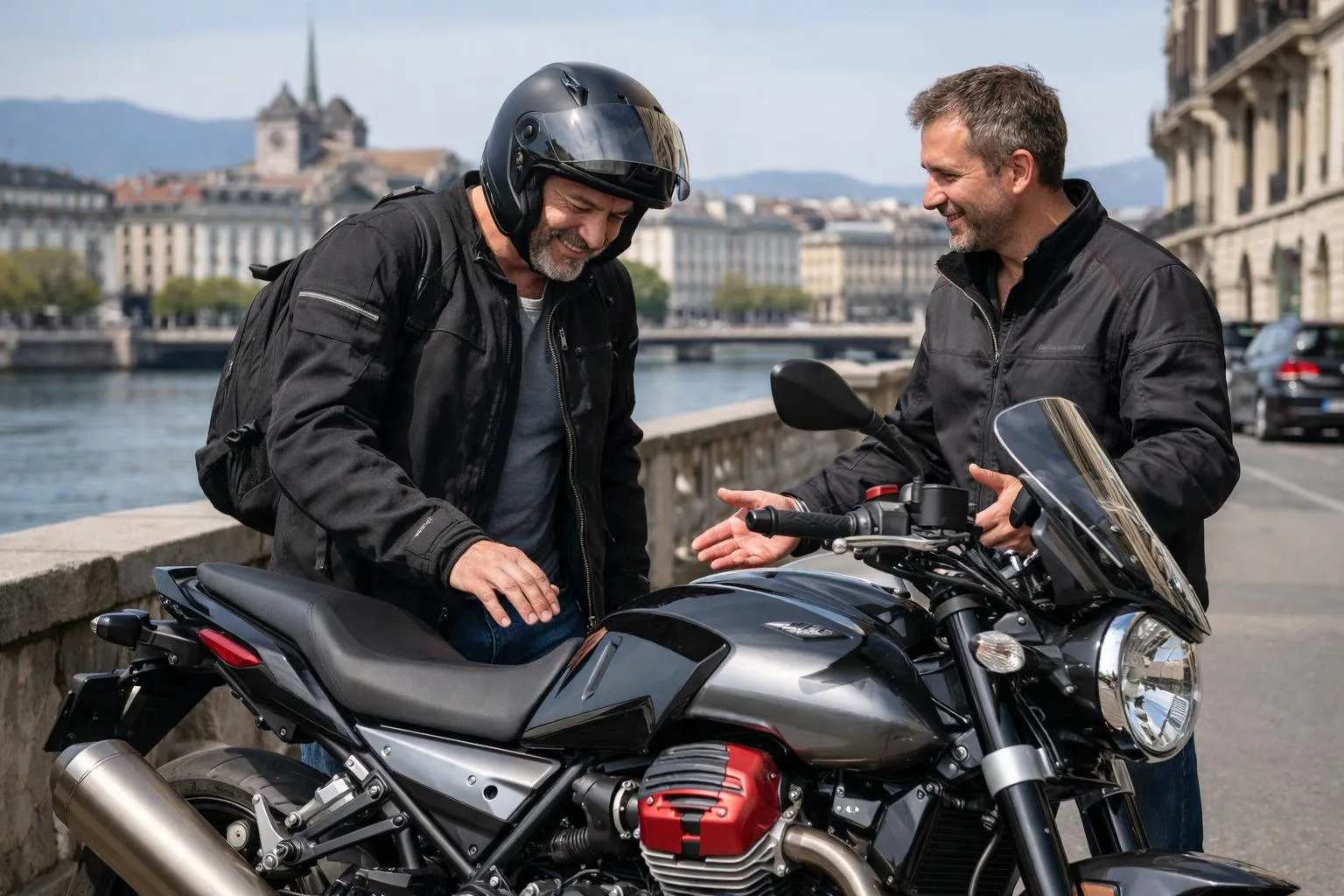 Moto Guzzi à Genève : un passionné de moto examine un modèle avec un vendeur d'une agence locale
