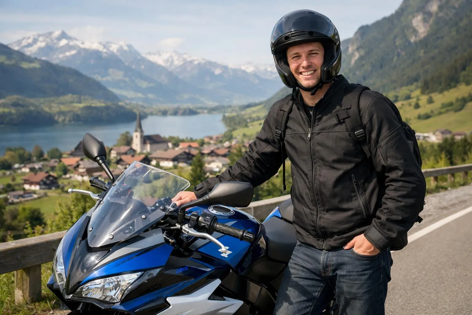 Une personne près d'une moto Suzuki neuve, dans un paysage suisse