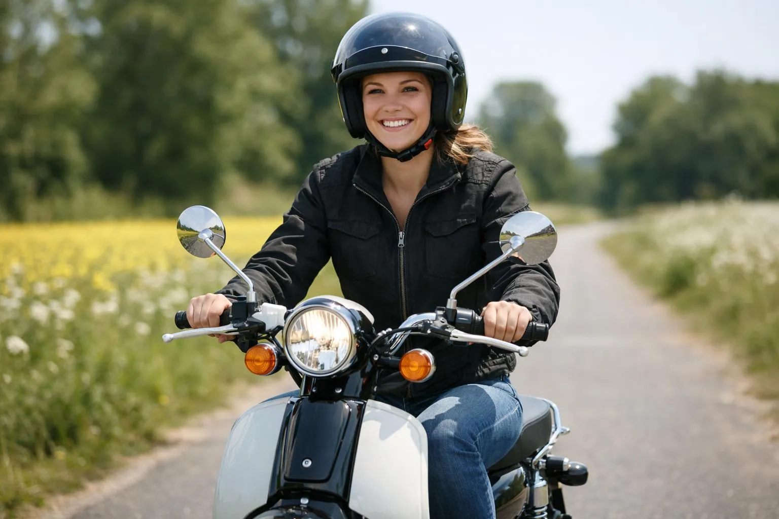Vélomoteur neuf, femme souriante sur route de campagne ensoleillée