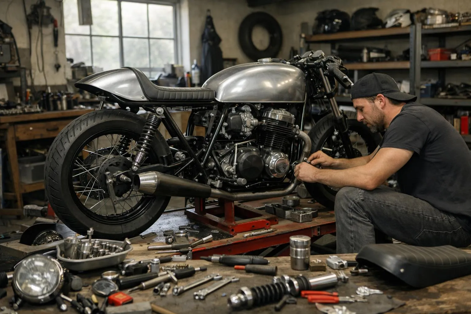 Transformation moto café racer à Genève, mécanicien au travail dans un atelier avec outils et pièces de moto.