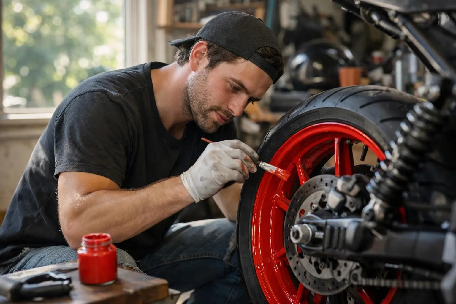 Un homme personnalise sa moto en garage, peinture rouge, style custom.