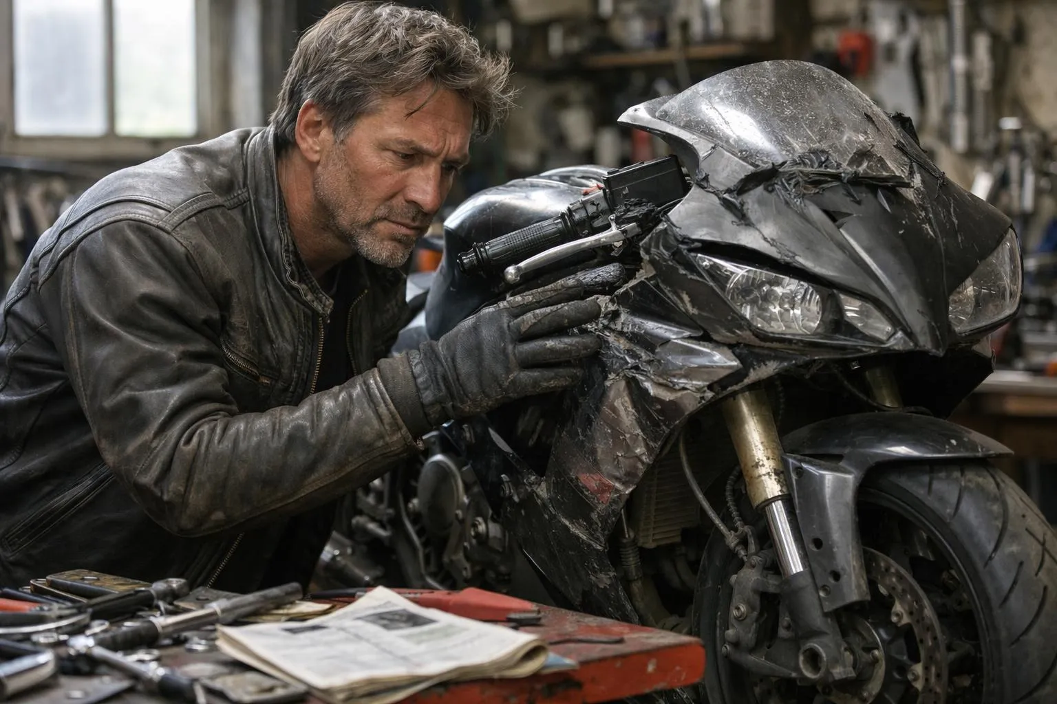 Moto accidentée en réparation, estimation des coûts de remise en état par un mécanicien expérimenté.