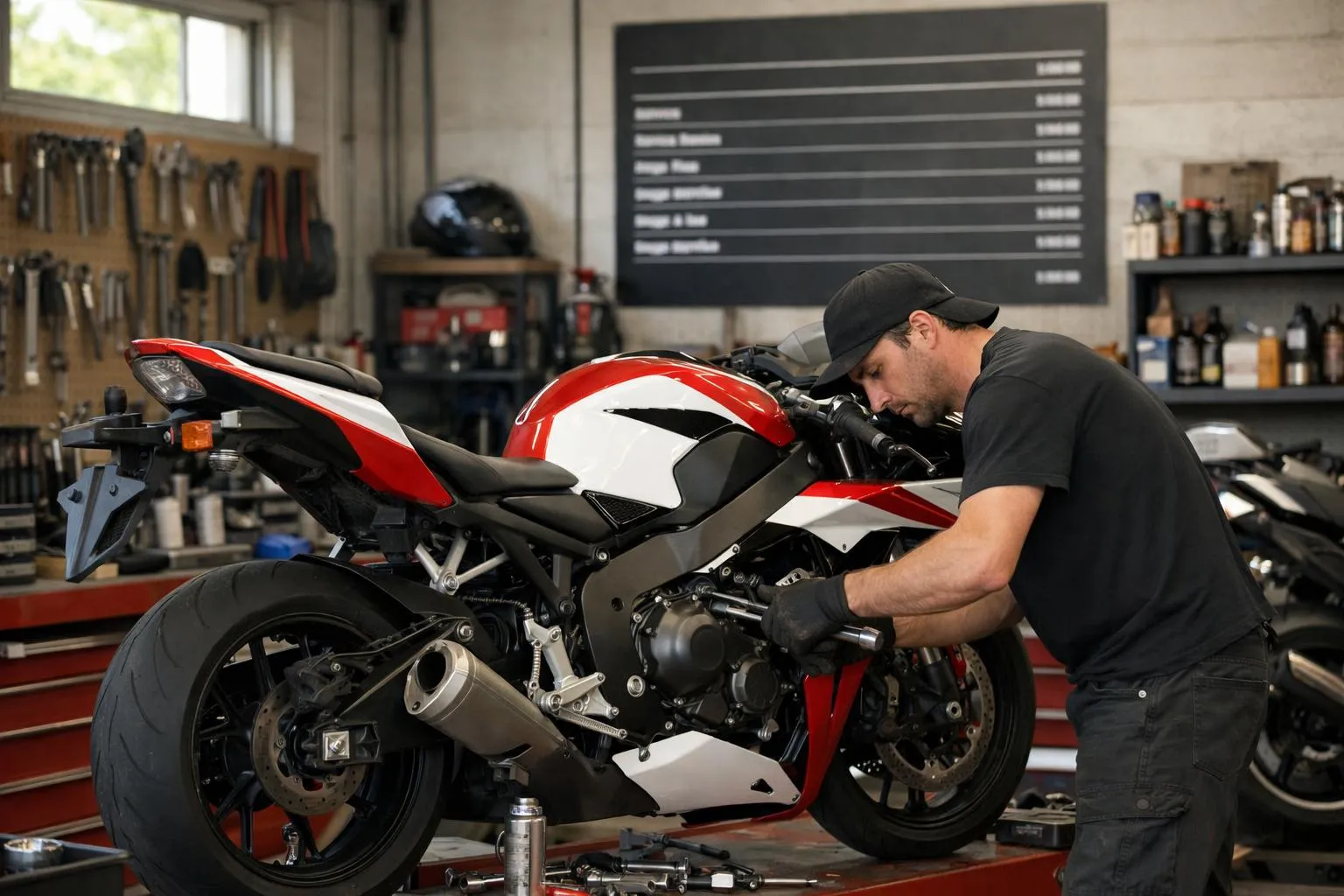 "Mécanicien travaillant sur une moto dans un atelier, avec les prix des services affichés en arrière-plan"
