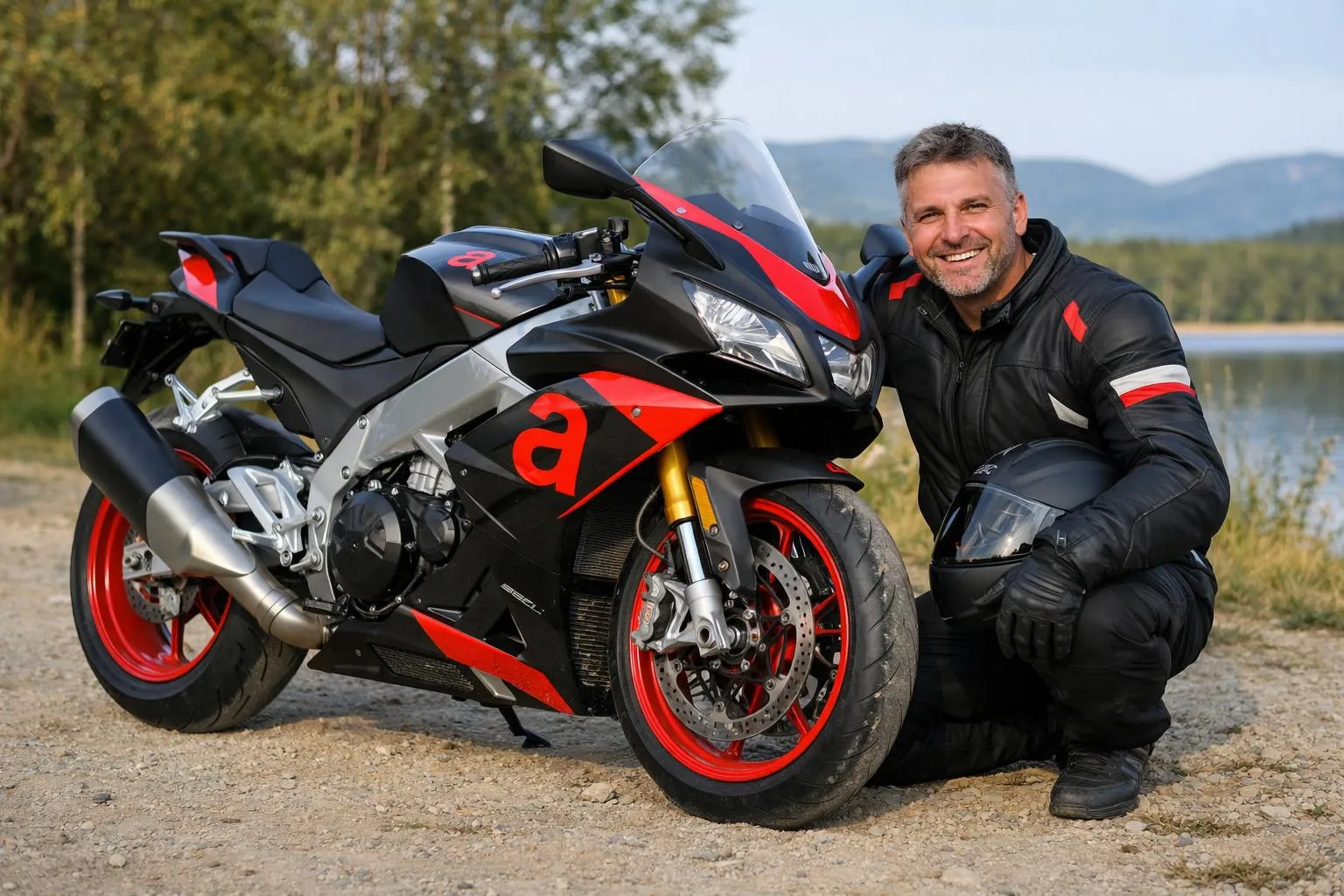 Motocycliste passionné à côté de son Aprilia, une moto italienne emblématique.