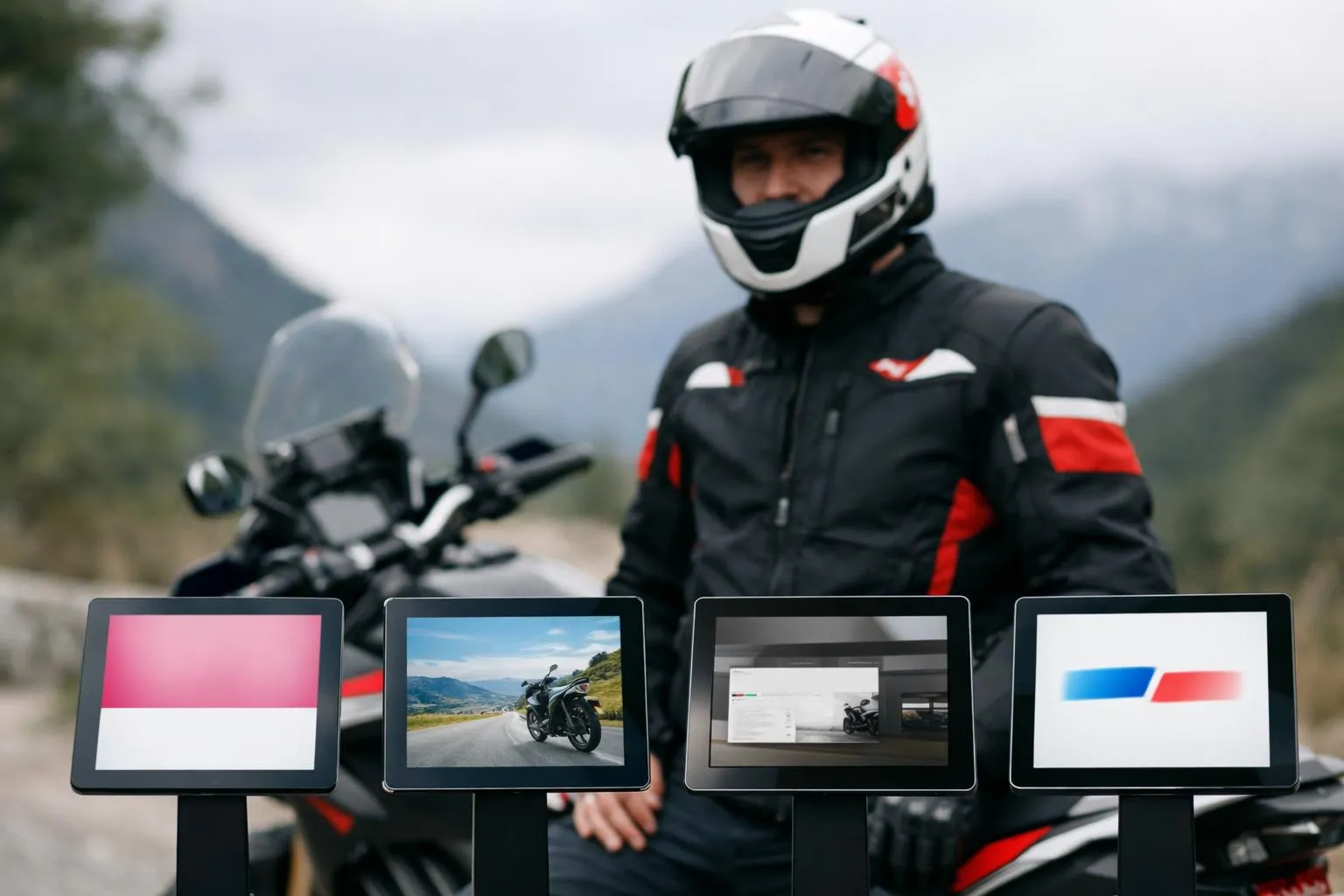 assurance moto suisse comparatif des meilleures options avec un motocycliste et des écrans tactiles montrant différents assur