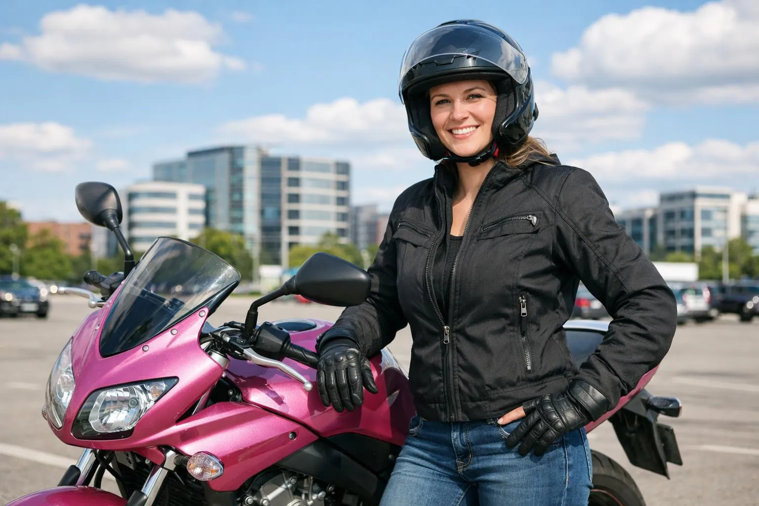 ** 
Femme à côté d'une moto d'occasion pour femme rose métallisé en milieu urbain ensoleillé.