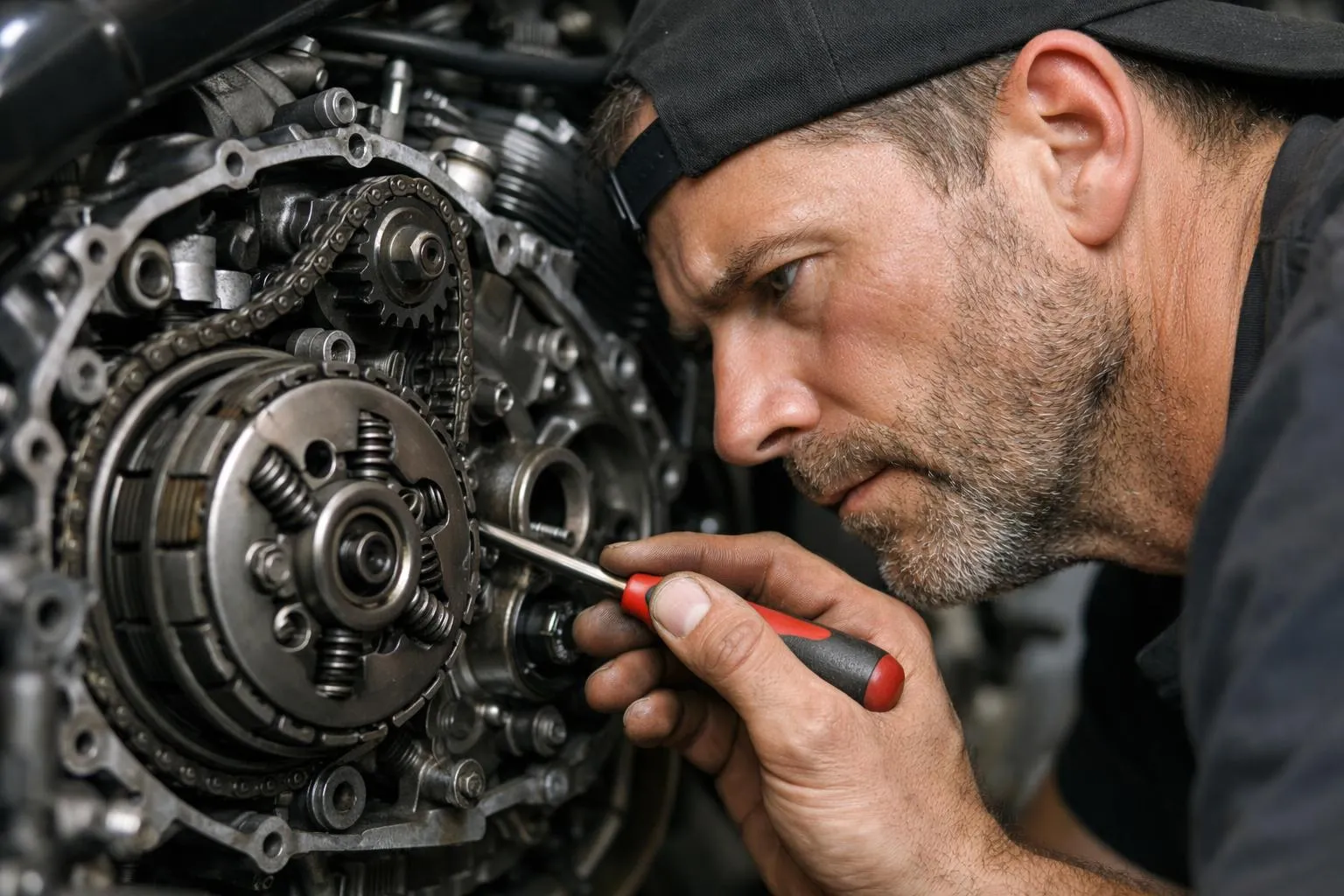 "Optimisation moteur moto : détail du coût, mécanicien travaillant sur moteur"
