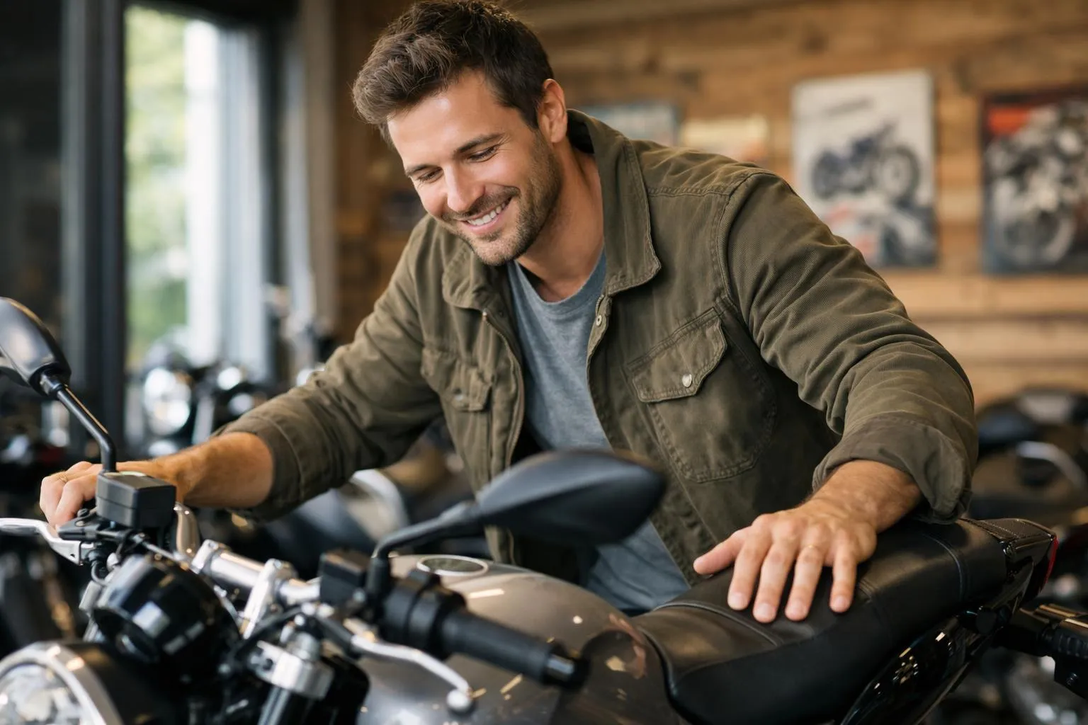 Vente moto en dépôt suisse, un homme inspecte une moto dans un concessionnaire