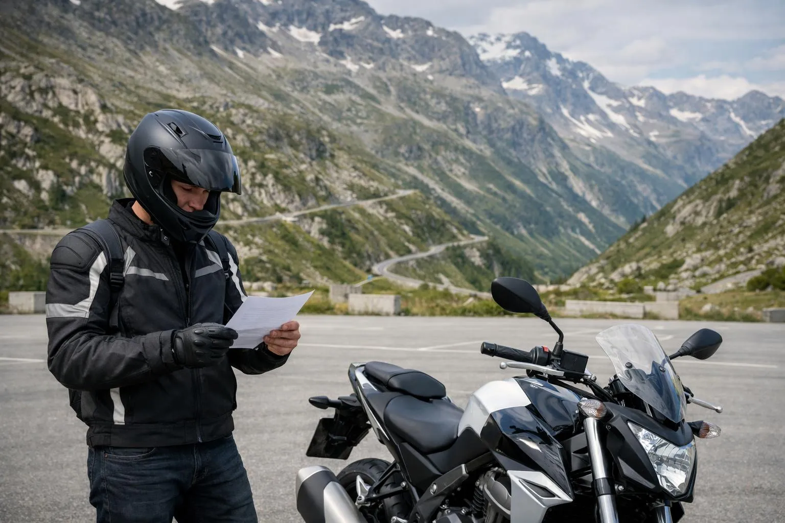 "Un homme vérifie les documents d'une moto neuve dans un décor montagnard suisse"