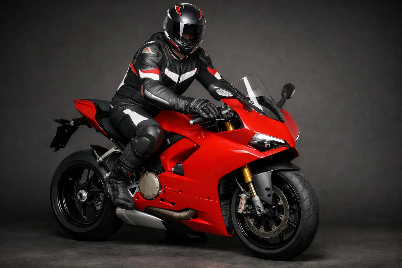 "Combinaison moto cuir Dainese pas cher, motard en studio avec Ducati Panigale"