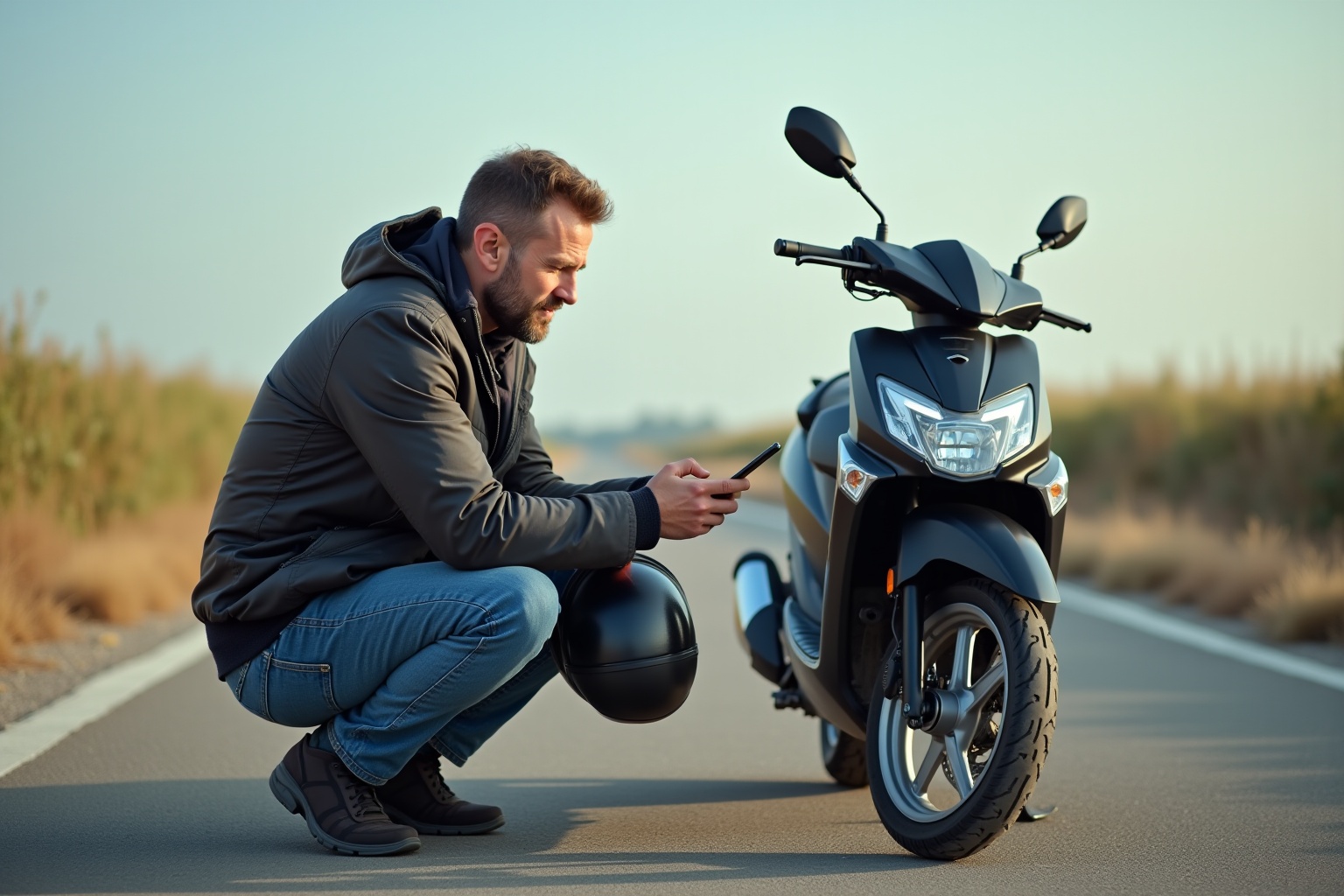 Homme vérifiant remorque moto occasion dans un parking