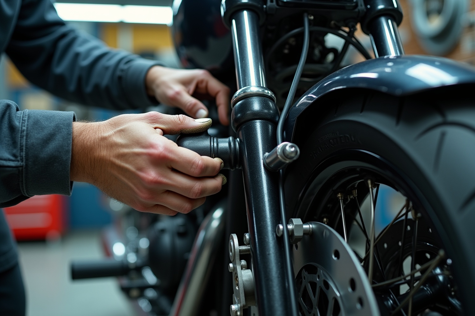 Mécanicien ajuste les freins d'une moto dans un garage moto à Neuchâtel