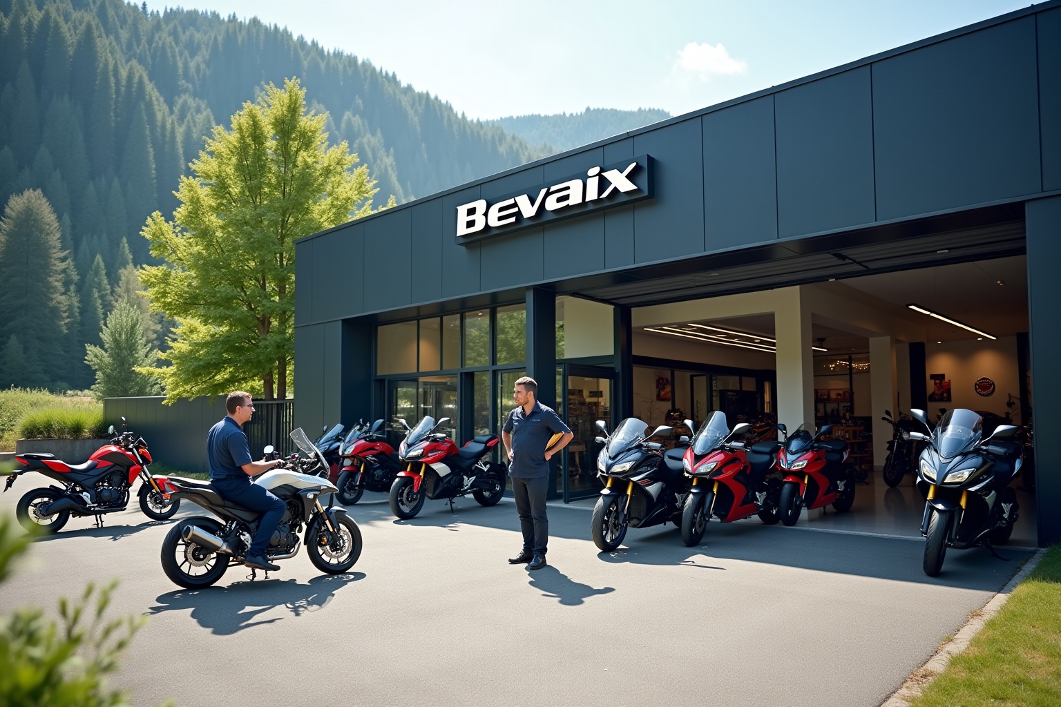 "Magasin moto Bevaix en Suisse, vue extérieure avec motos exposées et client en discussion avec un mécanicien"