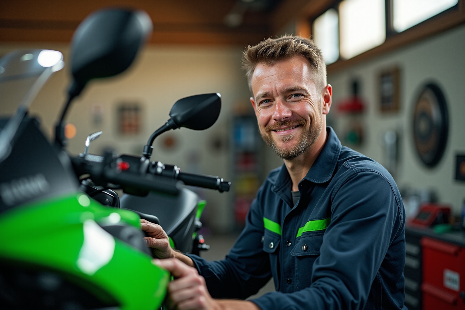 Un garage Kawasaki de confiance pour l'entretien et la vente de motos, avec un mécanicien au travail.